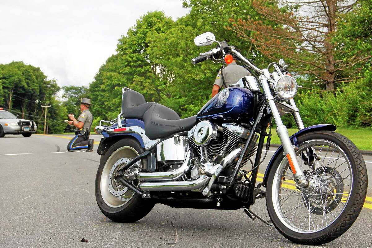 A blue Harley Davidson involved in a one-motor vehicle accident on Route 4 Tuesday in Goshen.