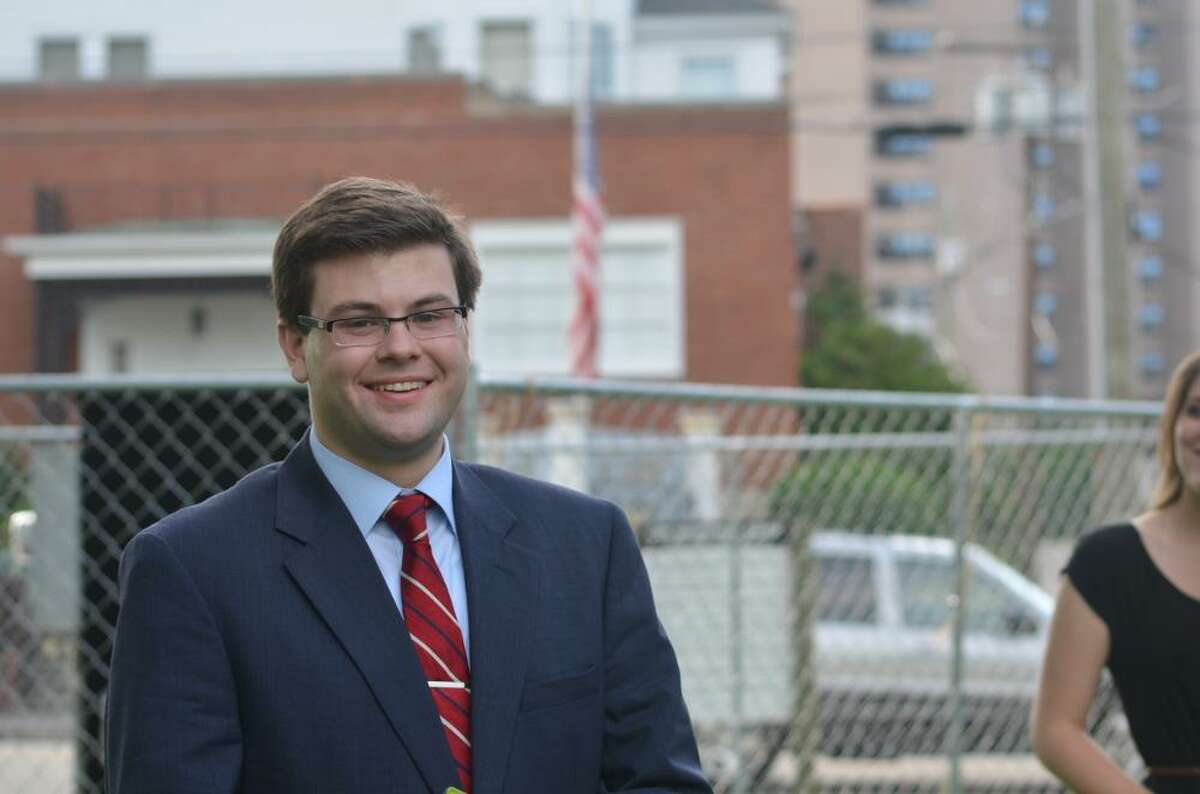 Collin Good, a 23-year-old Democrat, announced his candidacy in the race for Torrington's next mayor during a small gathering at Coe Memorial Park Monday.