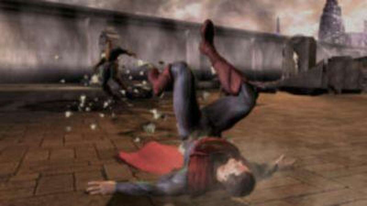 Black Adam, left, deals some damage to Superman in front of the Hall of Justice in "Injustice: Gods Among Us."