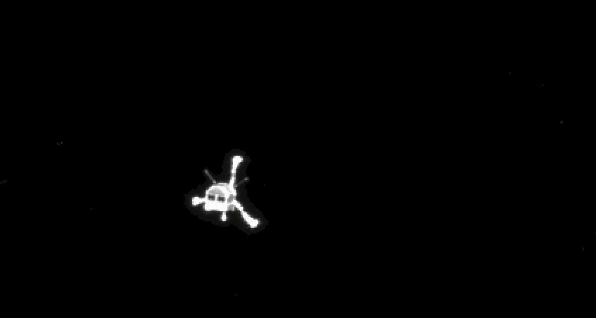 The picture of the Philae lander released by the European Space Agency ESA on Wednesday, Nov. 12, 2014 was taken by Rosetta's OSIRIS system shortly after its separation from the mother spaceship. On Wednesday, Nov. 12, 2014 the Philae lander detached from Rosetta and started it's descent to the 4-kilometer-wide (2.5-mile-wide) 67P/Churyumov-Gerasimenko comet. (AP Photo/ESA)