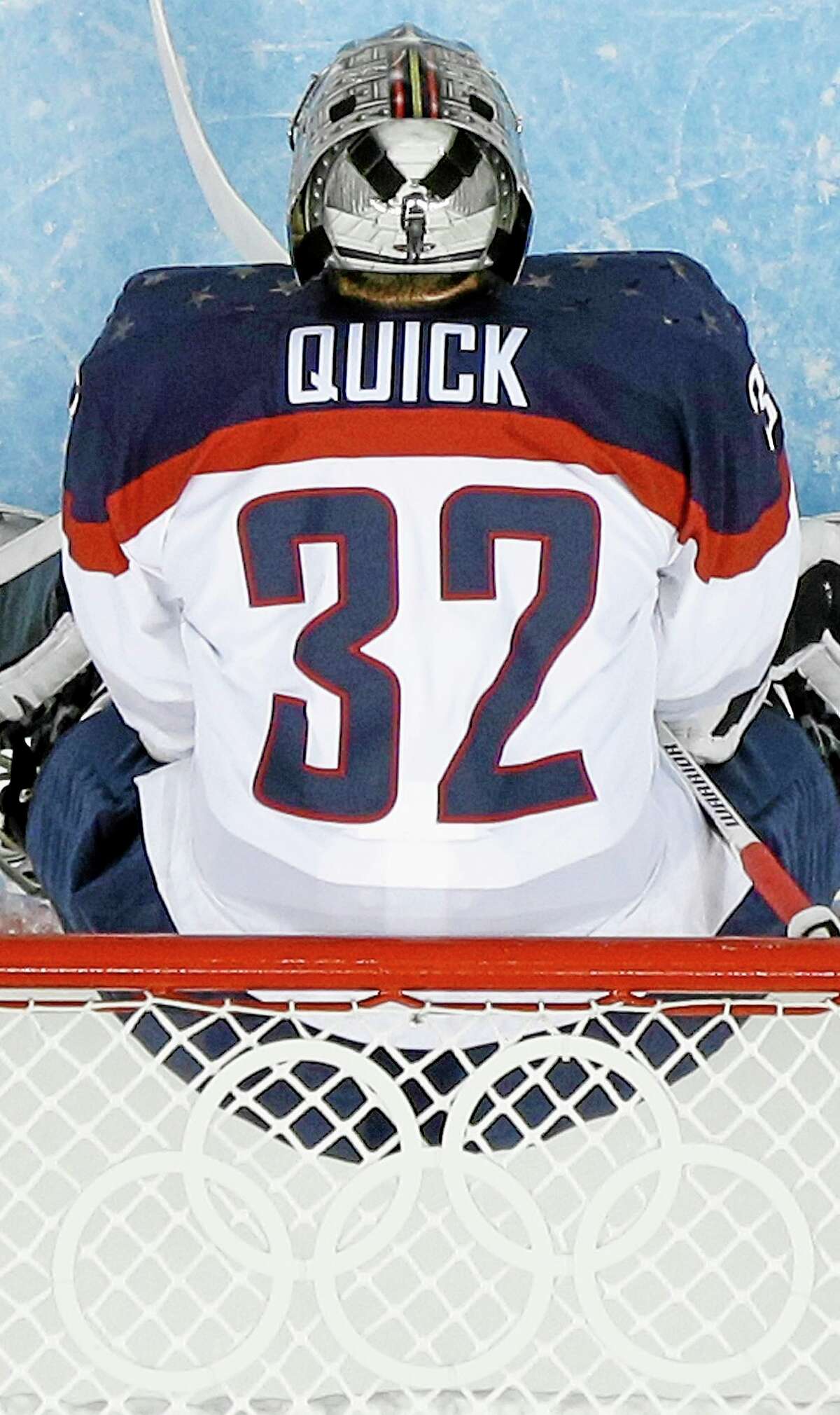 Team USA goaltender Jonathan Quick of Hamden stands in net during the second period of the Americans’ 7-1 win Thursday at the Winter Olympics at Shayba Arena in Sochi, Russia.