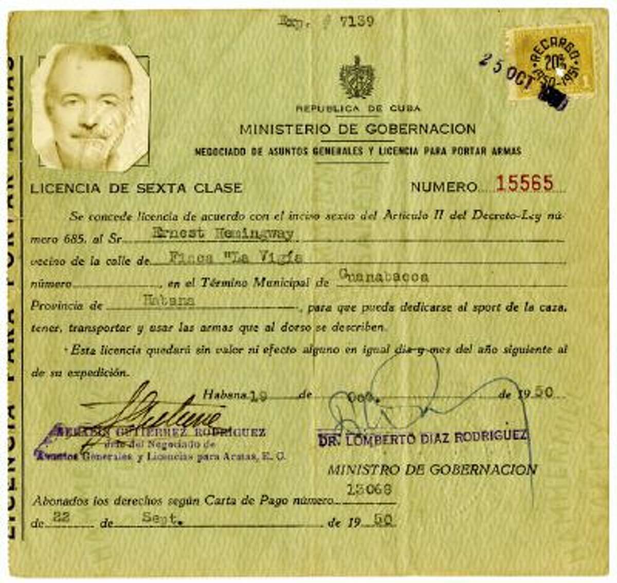 This photo released Feb. 11 by the John F. Kennedy Presidential Library and Museum in Boston, shows Ernest Hemingway?s 1950 license to carry arms in Cuba.