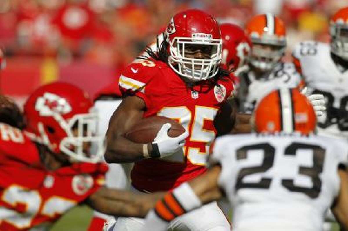 In this Oct. 27, 2013, photo, Kansas City Chiefs running back Jamaal Charles (25) carries against the Cleveland Browns during an NFL football game at Arrowhead Stadium in Kansas City, Mo.