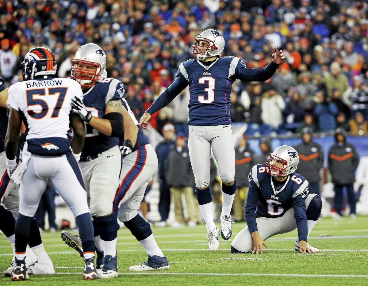New England Patriots kicker Stephen Gostkowski (3) follows through on a field goal against the Denver Broncos on Nov. 2 in Foxborough, Mass.