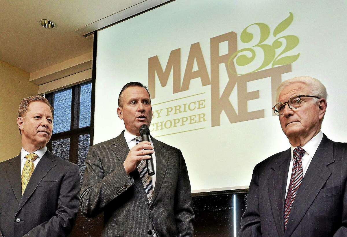 The Golub Corporation CEO Jerry Golub, COO Scott Grimmett President and executive chairman of the board, Neil Golub unveil a name change and major announcement about the company’s future initiatives and growth plans., Tuesday, Nov. 11, 2014 in Schenectady, N.Y.
