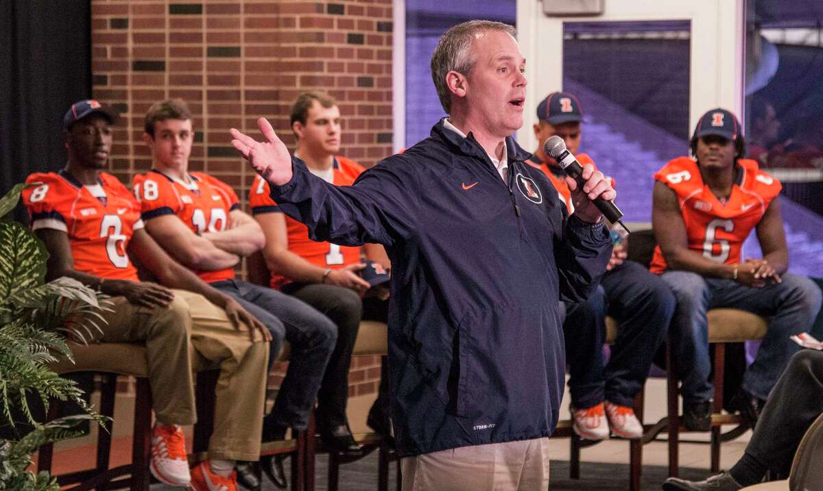 The UConn football team will face Illinois in a home-and-home series in 2019 and 2020. How far off in the future is that? The recruits being introduced here last week by Illini coach Tim Beckman, from left, Geronimo Allison, Mike Dudek, Chayce Crouch, Joe Fotu and Paul James, will need a sixth year of eligibility to ever face the Huskies.