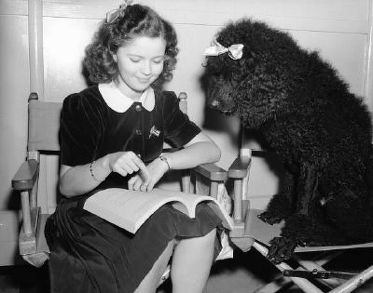 Shirley Temple studies a script with Fifi, a dog cast alongside her, on Sept. 12, 1941.
