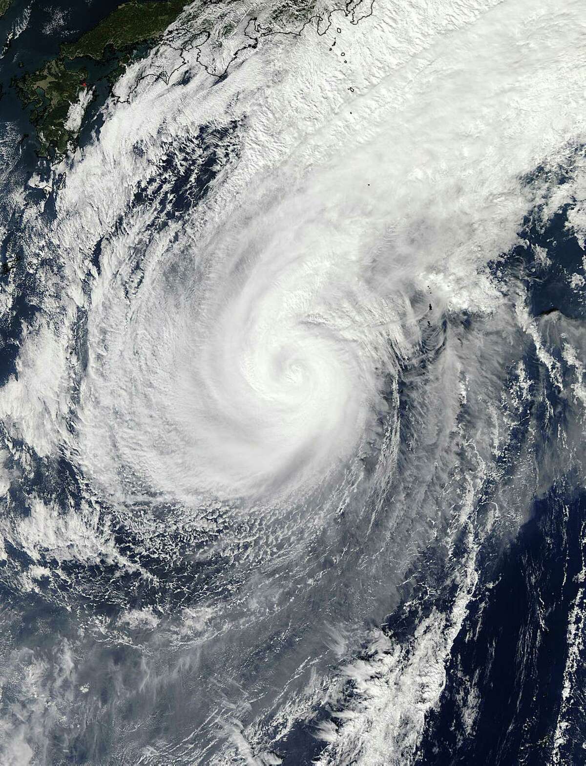 This Nov. 5, 2014 photo provided by NASA shows a picture captured by NASA’s Aqua satellite of Typhoon Nuri. Weather forecasters say an explosive storm, a remnant of Typhoon Nuri, surpassing the intensity of 2012’s Superstorm Sandy is heading toward the northern Pacific Ocean and expected to pass Alaska’s Aleutian Islands over the weekend.