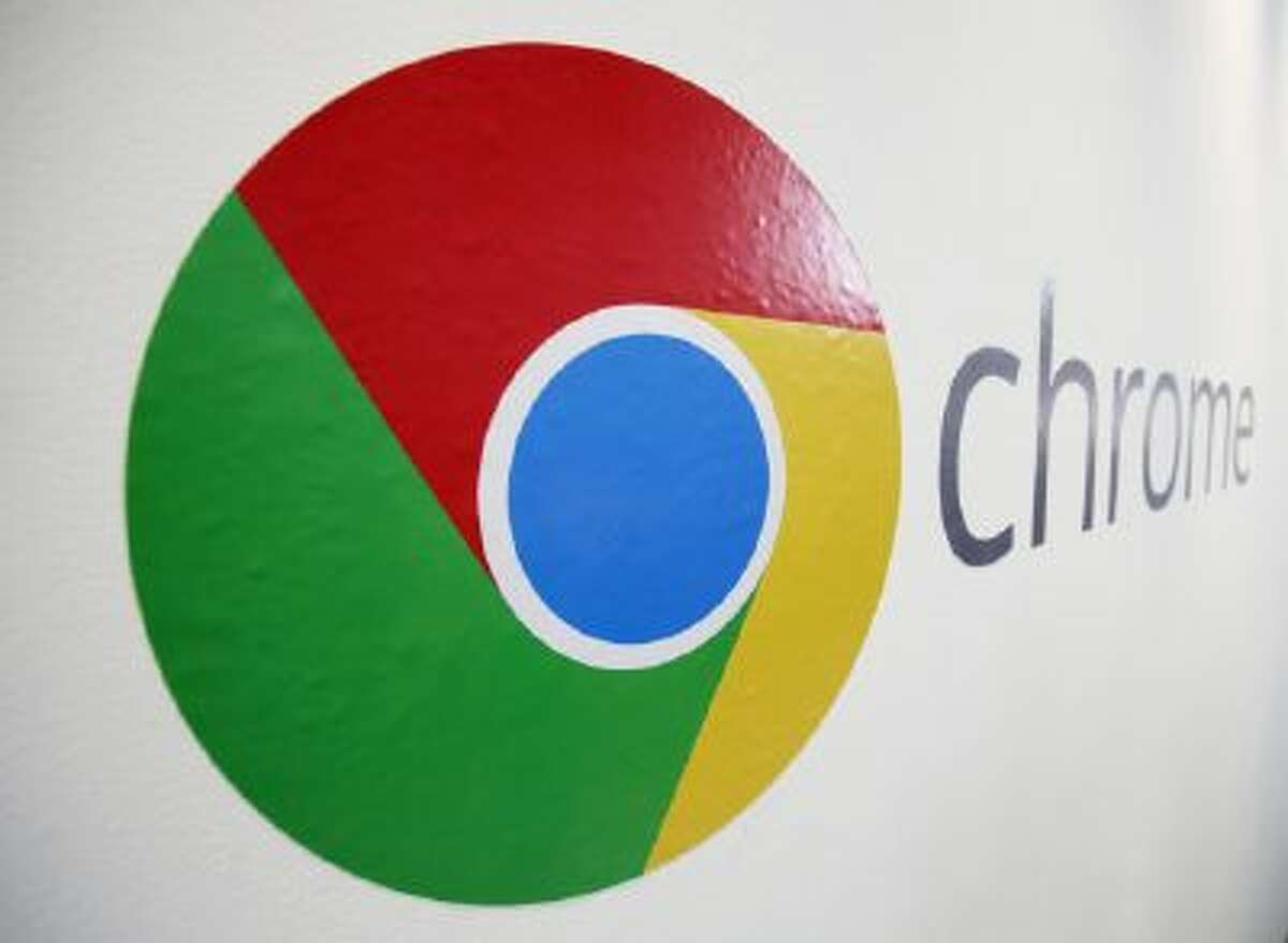 The Chrome logo is displayed at a Google event, Tuesday, Oct. 8, 2013 in New York.