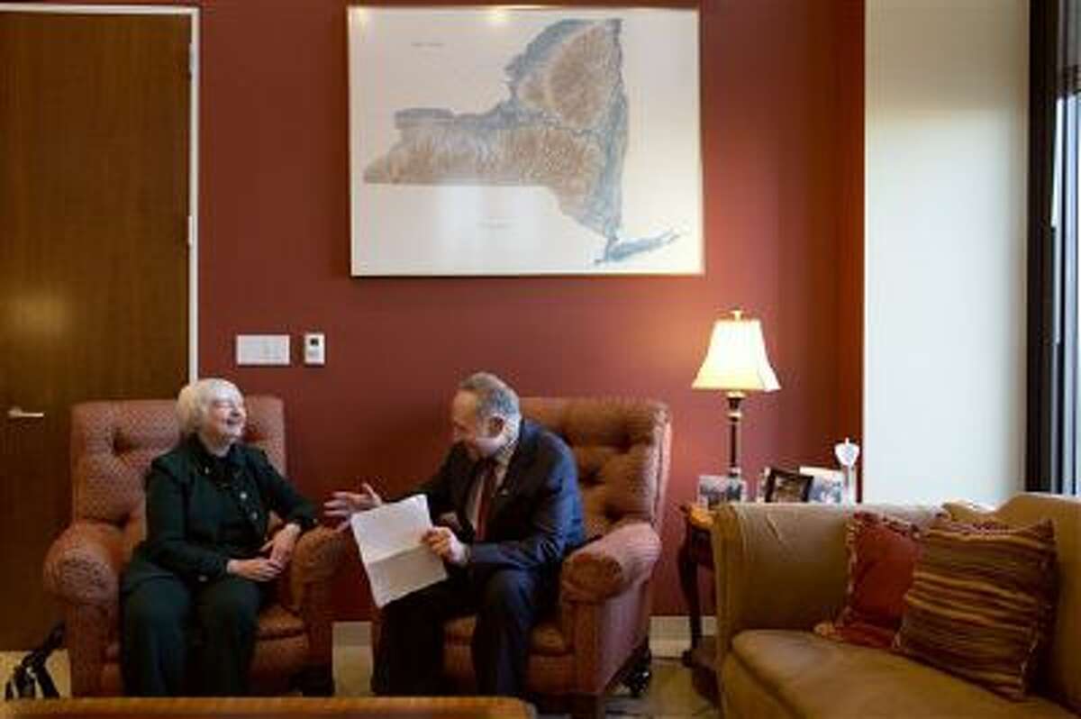 Sen. Charles Schumer, D-N.Y., right, meets with Janet Yellen, President Barack Obama's nominee to become Federal Reserve chair, Thursday, Nov. 7, 2013, on Capitol Hill in Washington, Thursday, Nov. 7, 2013.