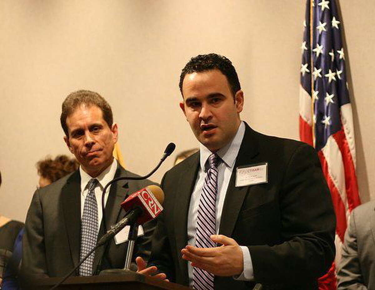 Hugh McQuaid/CT NewsJunkie Kevin Sabet, director of Smart Approaches to Marijuana, speaks at a press conference Monday. John Daviau, president of Connecticut Association of Prevention Practitioners, is at left.