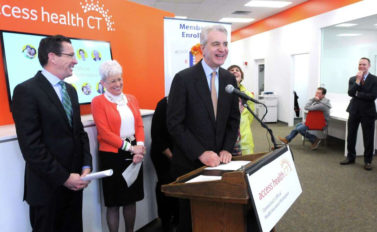 From left, Gov. Dannel P. Malloy; Lt. Gov. Nancy Wyman; Kevin Counihan, CEO of Access Health CT; and U.S. Rep. Rosa L. DeLauro attend a press conference in the New Haven Enrollment Center Monday.