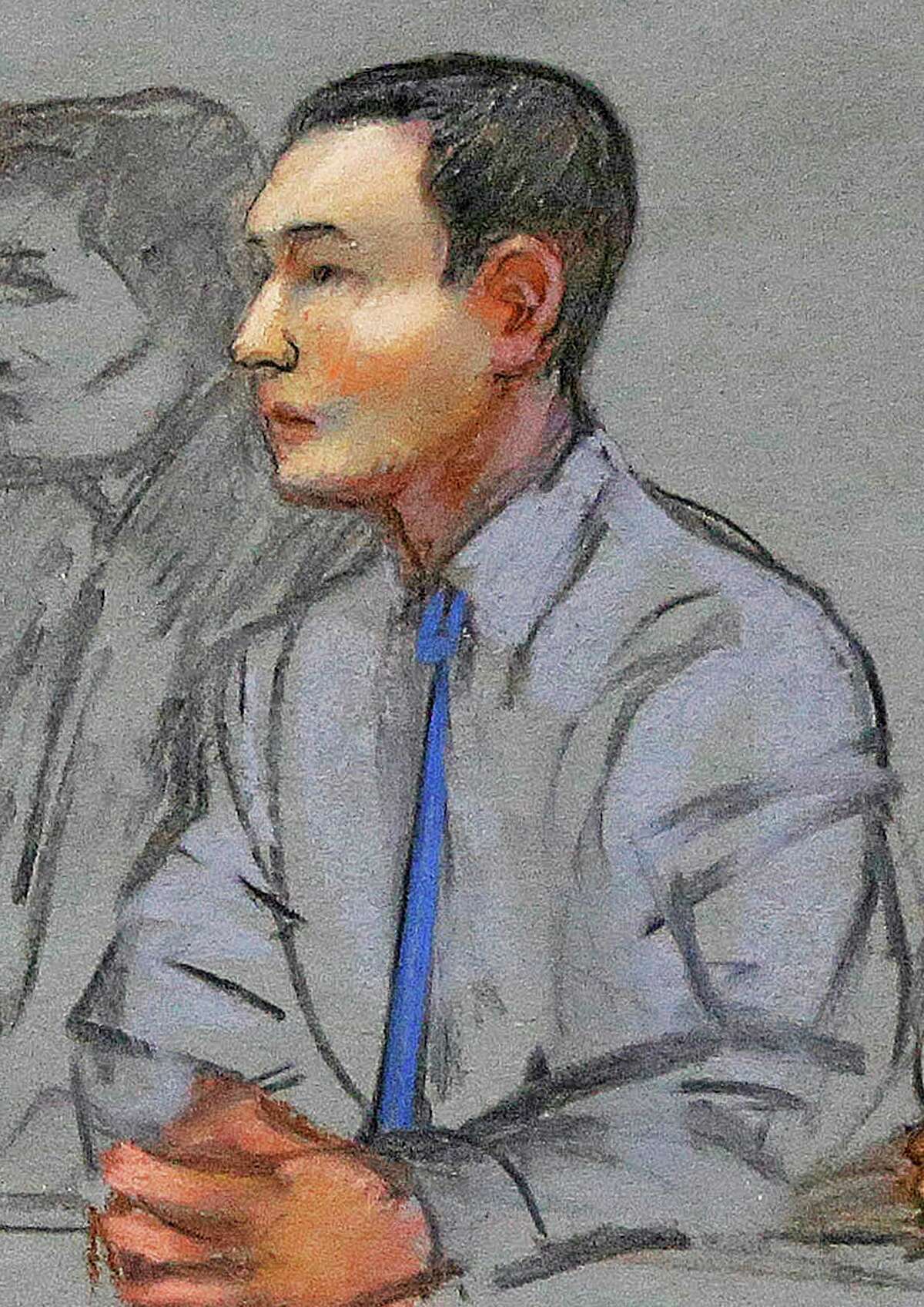 FILE - In this May 13, 2014 file courtroom sketch, defendant Azamat Tazhayakov, a college friend of Boston Marathon bombing suspect Dzhokhar Tsarnaev, sits during a hearing in federal court in Boston. (AP Photo/Jane Flavell Collins, File)
