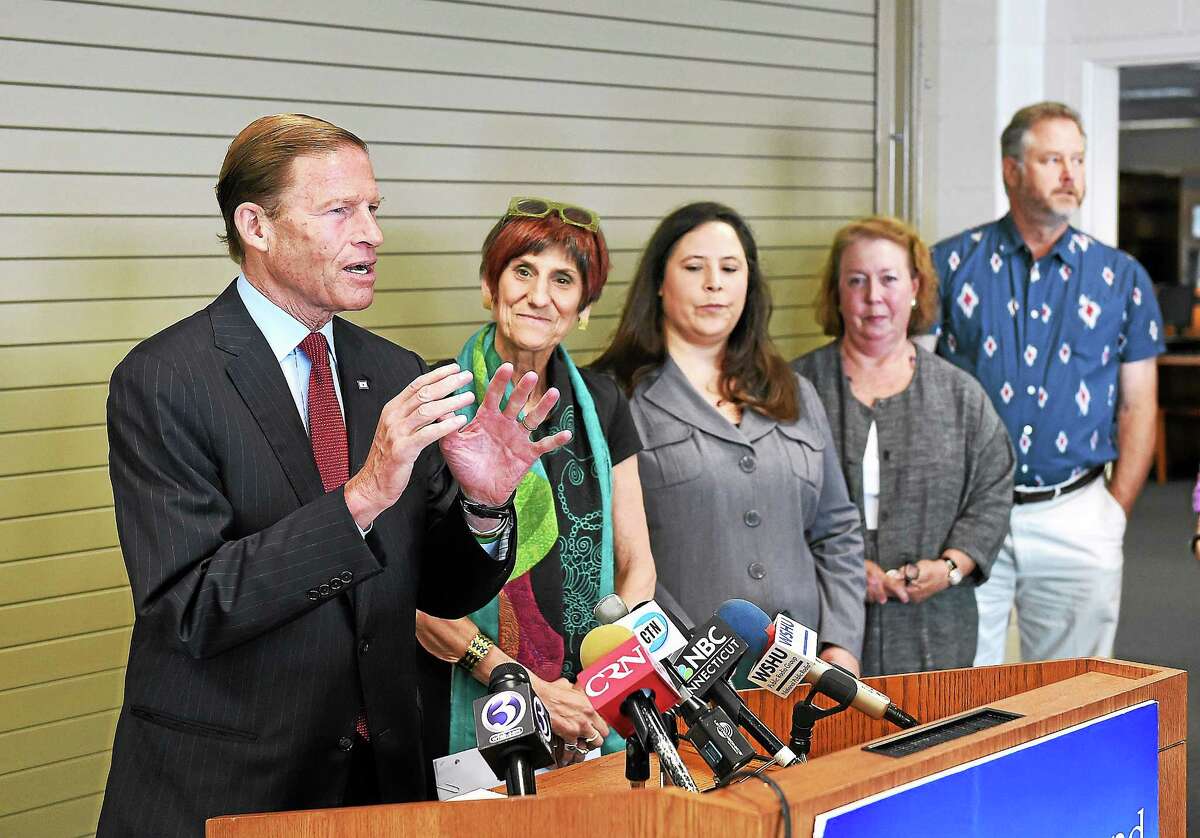 Senator Richard Blumenthal, along with Congresswoman Rosa DeLauro, speaks about the future of Plum Island during a press conference at the Sound School in New Haven. They were joined by dignitaries and activists in the fight to prevent the sale of the island to developers. July 2, 2014.