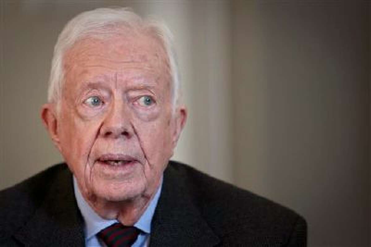 FILE - In this Monday, March 24, 2014, file photo, former U.S. President Jimmy Carter speaks during an interview, in New York. On the ?Late Show with David Letterman? Monday, March 24, 2014, Carter said the Crimean annexation was ?inevitable? because Russia considers it to be part of their country and so many Crimeans consider themselves Russian. He also said Russian President Vladimir Putin shouldn?t be permitted to go any further. (AP Photo/Bebeto Matthews, File)
