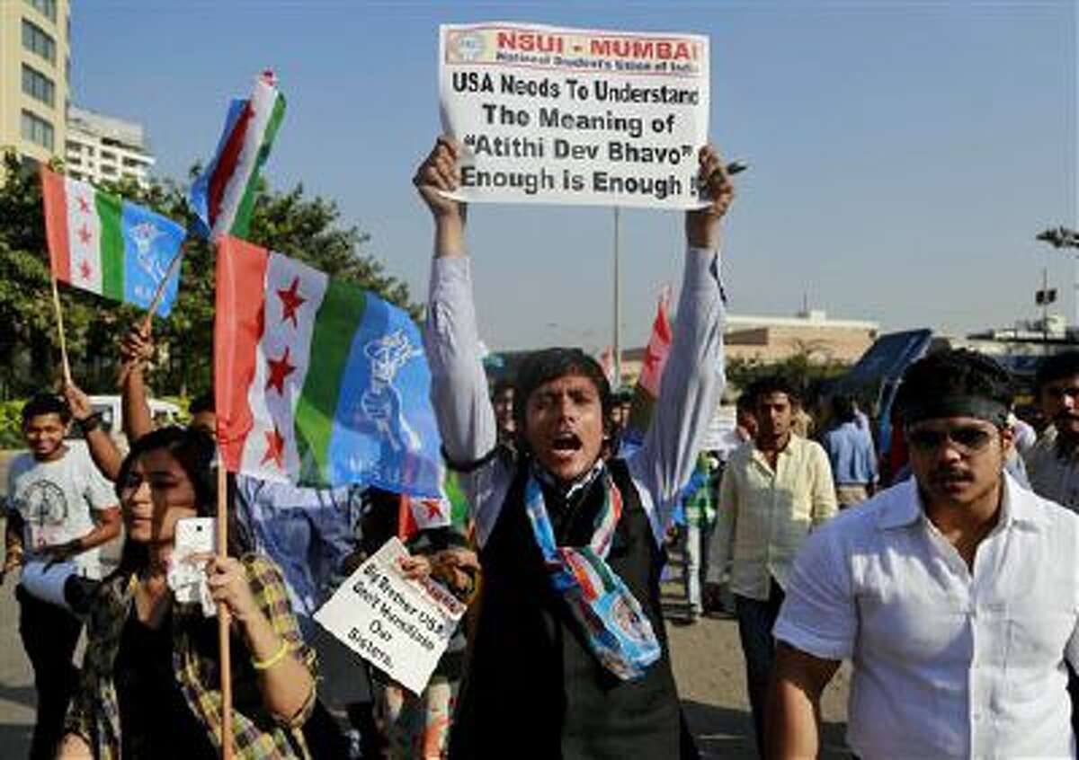 A member of the National Students Union of India, the student wing of India's ruling Congress party, shouts slogans during a protest outside the U.S. consulate in Mumbai, India, Dec. 20.