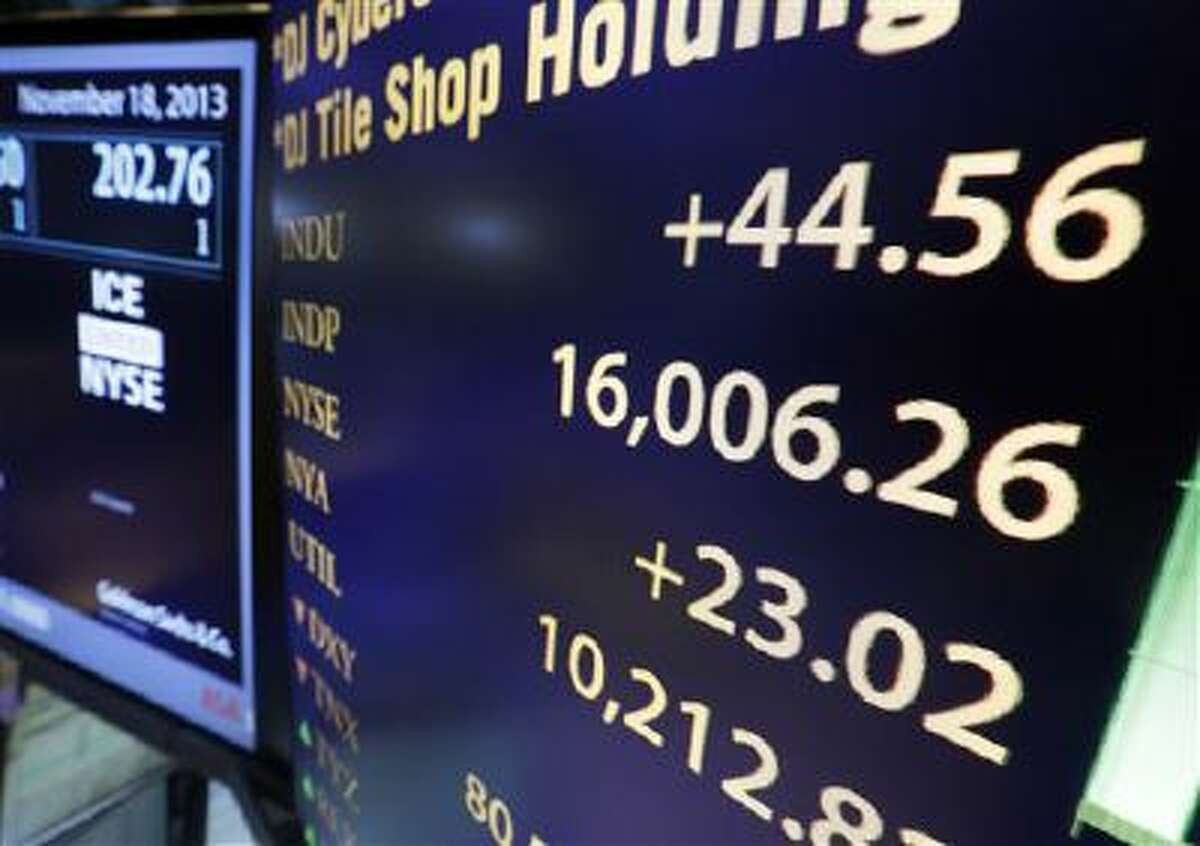 A board on the floor of the New York Stock Exchange shows the Dow Jones industrial average above 16,000, Monday, Nov. 18, 2013. The DJIA crossed 16,000 points for the first time early Monday and the Standard & Poor's 500 index crossed 1,800 points. (AP Photo/Richard Drew)