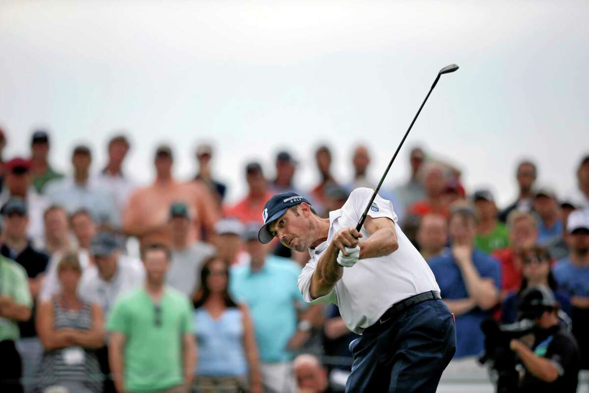 Matt Kuchar hits a shot on the second hole during the second round of The Barclays golf tournament, Friday, Aug. 23, 2013, in Jersey City, N.J. (AP Photo/Mel Evans)