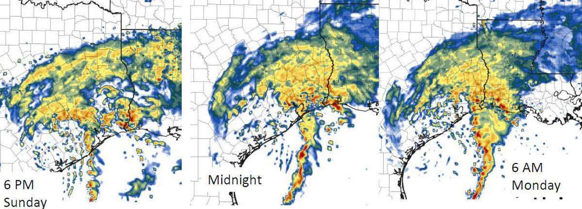 Explained: Maps and charts that show Harvey's potential impact This HRRR map shows the projected radar images of Tropical Storm Harvey through 6 am Monday. This image was released by the National Weather Service as part of the 4 pm update on Tropical Storm Harvey, Sunday, Aug. 27, 2017. See the National Weather Service's most recent forecast for Tropical Storm Harvey. 