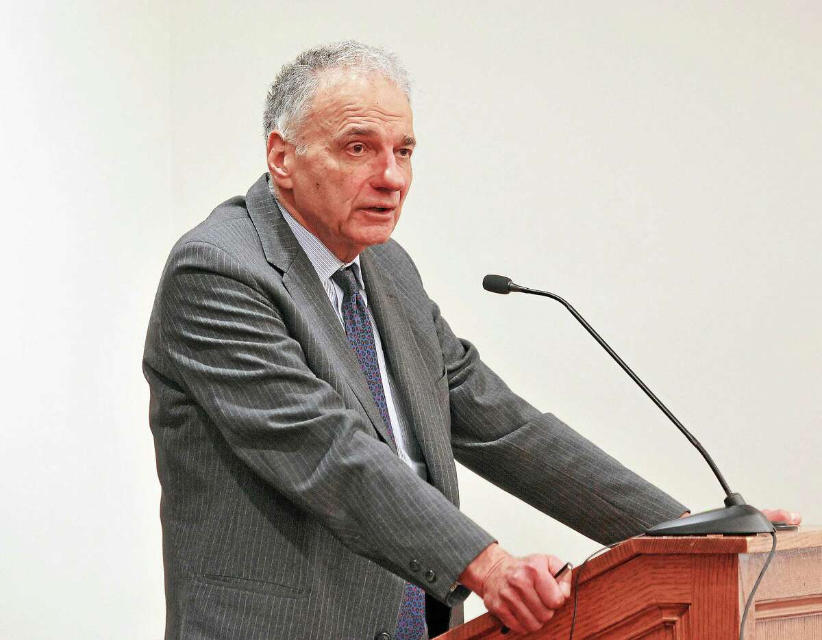 Former presidential candidate Ralph Nader speaks during a “Showdown for Democracy: Obama’s Lawyers and the National Security State” panel discussion at the Yale Law School in April.
