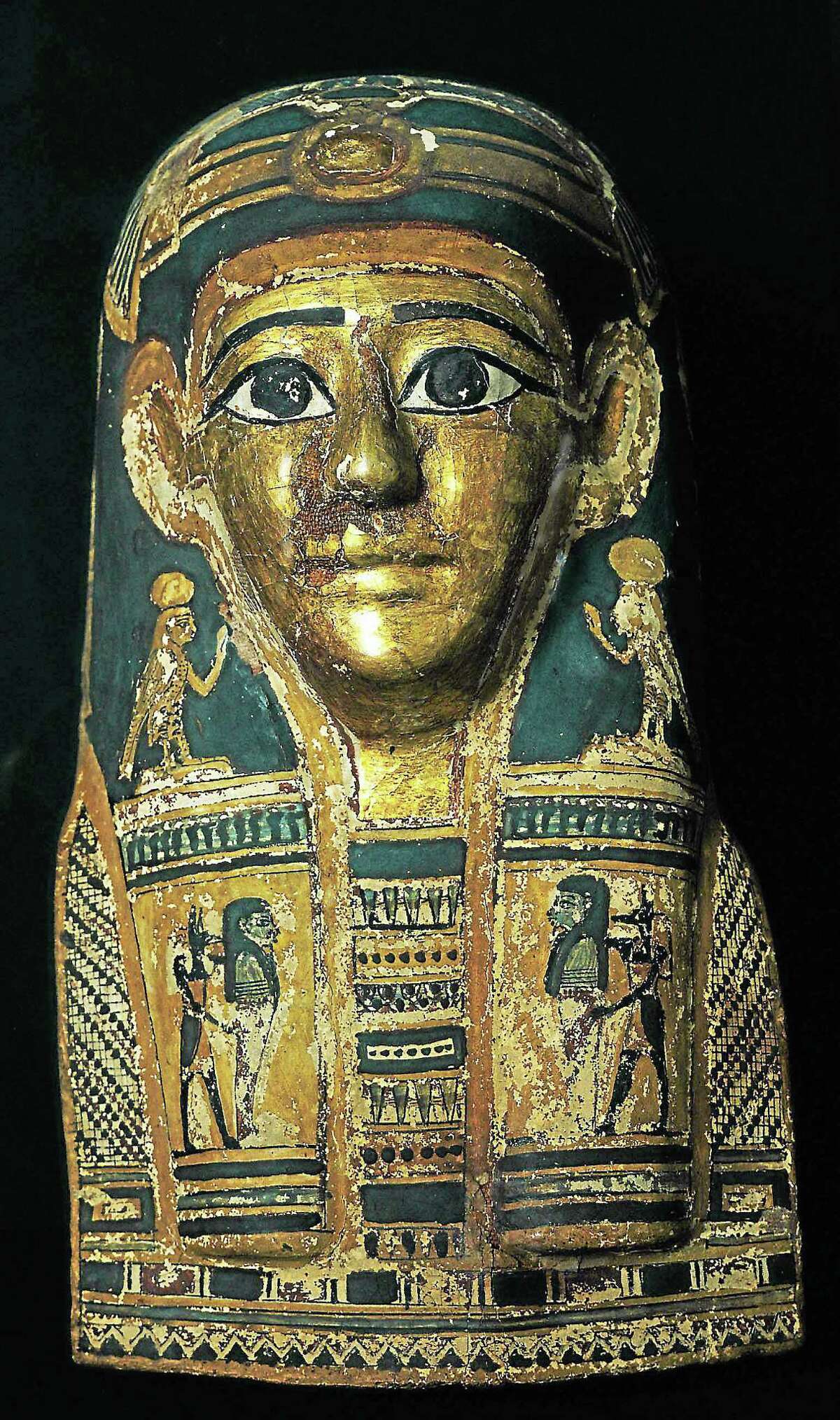 Gilded mummy mask from “Echoes of Egypt.”