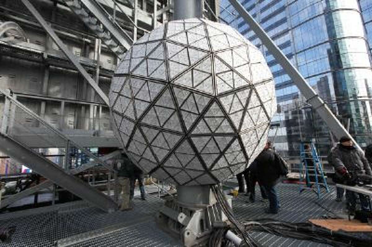 A view of the 2014 New Year's Eve Waterford Crystal ball during its installation at One Times Square on December 27, 2013 in New York City.