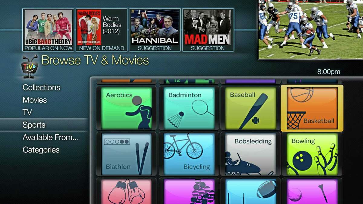 This image provided by TiVo, Inc shows a sports menu from the new TiVo Roamio Plus. TiVo Inc. announced a new line of digital video recorders Tuesday Aug. 20, 2013, to give television viewers more control over what they watch on traditional channels and over the Internet. (AP Photo/TiVo, Inc.)