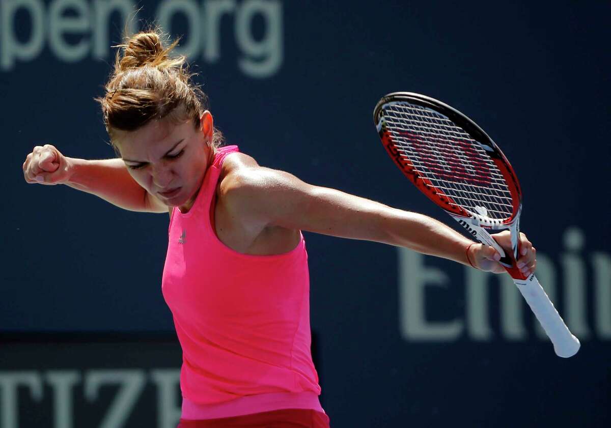 Simona Halep reacts after a shot against Danielle Rose Collins on Monday in the first round of the U.S. Open in New York.