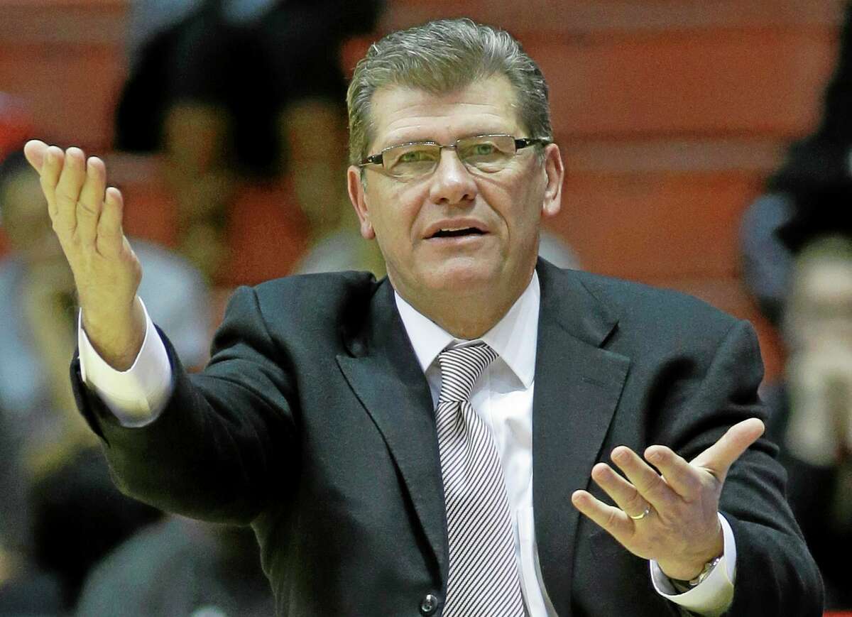 UConn coach Geno Auriemma reacts to a call in the first half of a game at Cincinnati on Feb. 1.