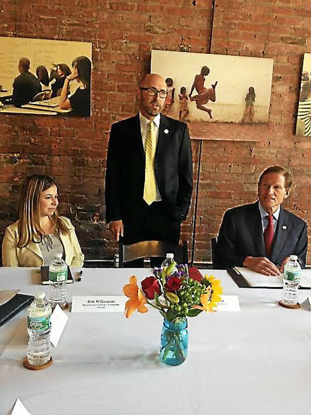 At left, Erin Williamson, Connecticut survivor support coordinator, Love 146; Jim Ehrman, executive director, North America, Love 146; and U.S. Sen. Richard Blumenthal - part of a panel that Monday discussed child trafficking in the U.S., including Connecticut and efforts to help the victims.