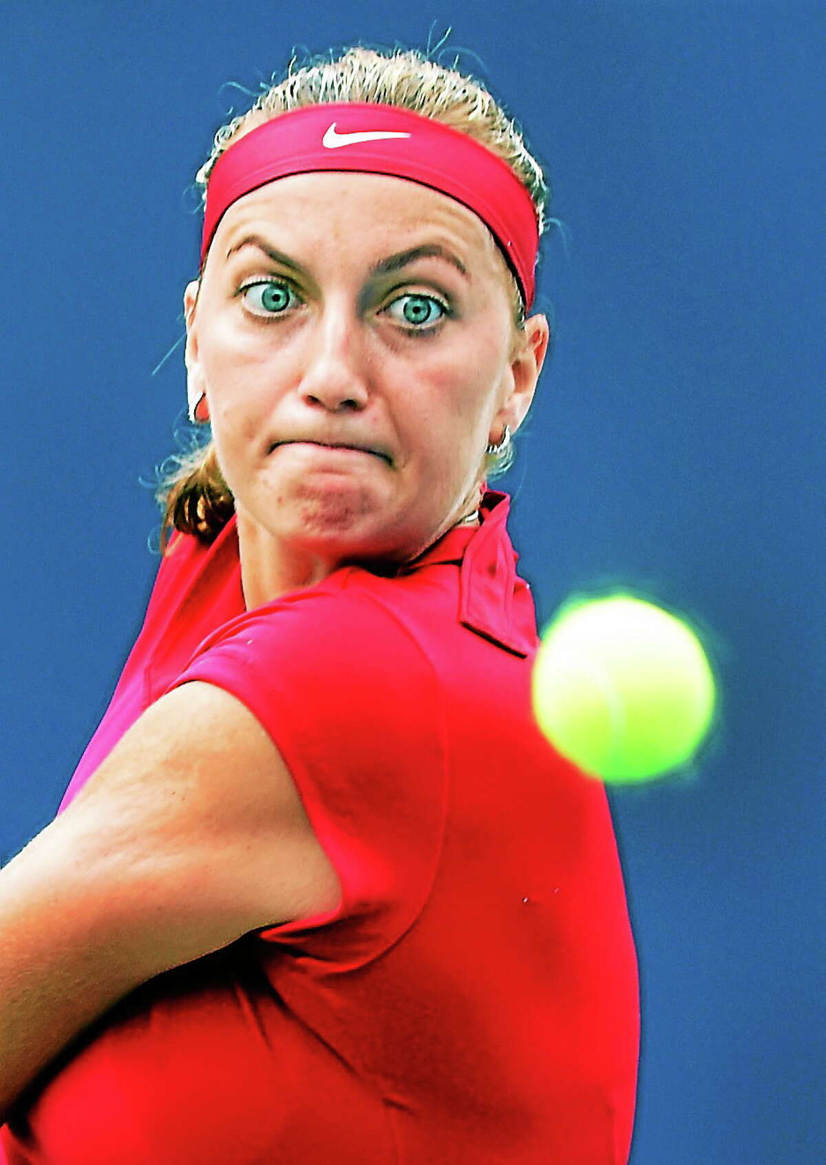 Petra Kvitova volleys with Magdalena Rybarikova during the singles final at the Connecticut Open on Saturday at the Connecticut Tennis Center. Kvitova, the second seed, defeated Rybarikova 6-4, 6-2 to win her second championship in New Haven.