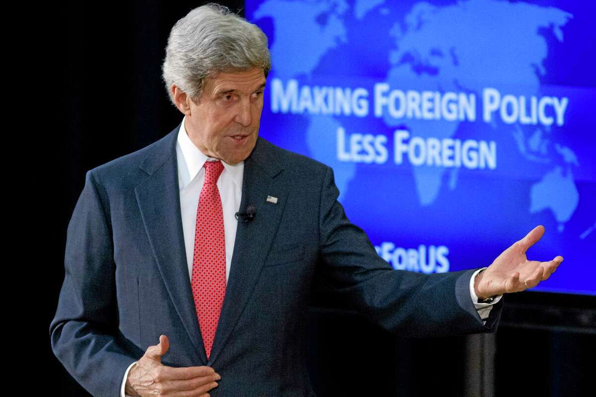 Secretary of State John Kerry speaks about foreign policy, including the situation in Ukraine, during a town hall meeting with university students, Tuesday, March 18, 2014, at the State Department in Washington. (AP Photo/Jacquelyn Martin)