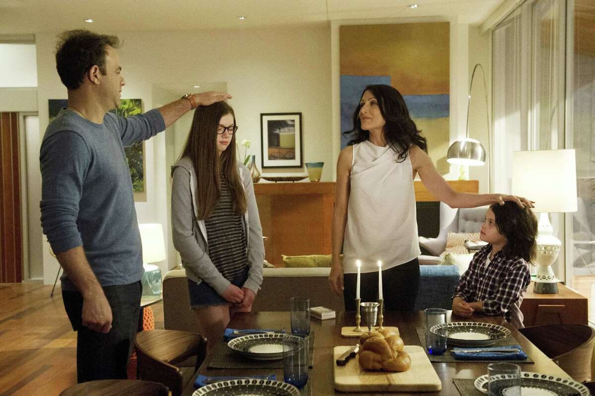 Paul Adelstein, from left, Conner Dwelly, Lisa Edelstein, and Dylan Schombing in a scene from “Girlfriends’ Guide to Divorce,” Bravo’s first original scripted series.