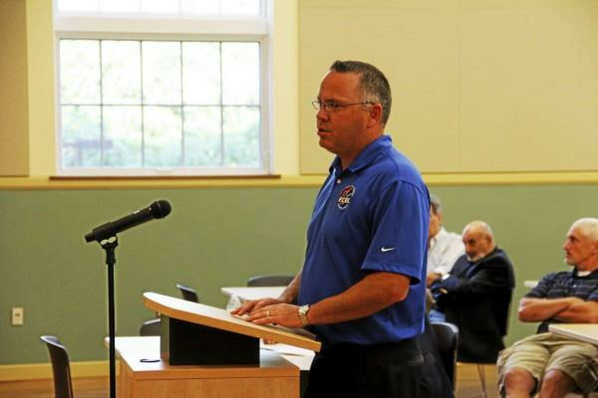 Chris Hall, commissioner of the Futures Collegiate Baseball League of New England (FCBL), which is the league the Torrington Titans are in, speaks during a public hearing on Monday, August 19, to garner public input for the potential sale of beer at Fuessenich Park. (Esteban L. Hernandez-Register Citizen)