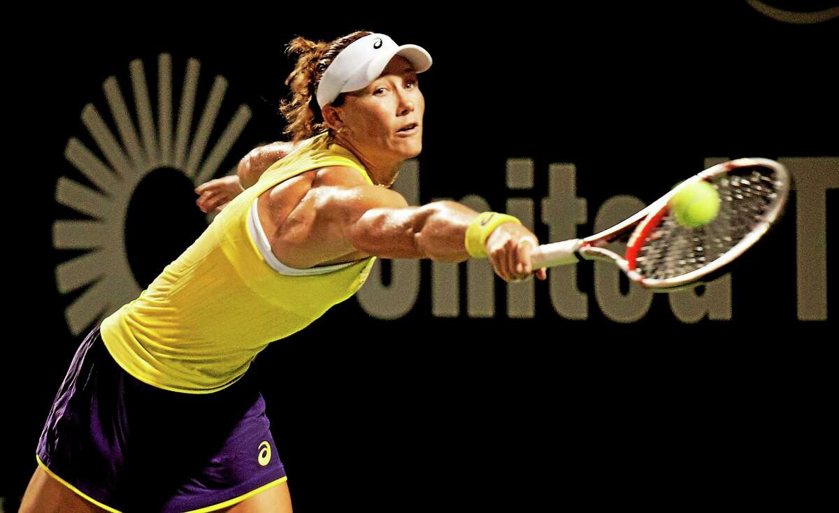 Sam Stosur returns a shot during the second set of her 6-2, 6-2 win over Genie Bouchard at the Connecticut Open on Wednesday night.