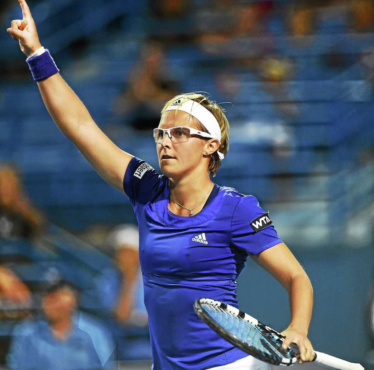 Kirstin Flipkens reacts to winning her maraton match against Andrea Petkovic at the Connecticut Open on Wednesday.