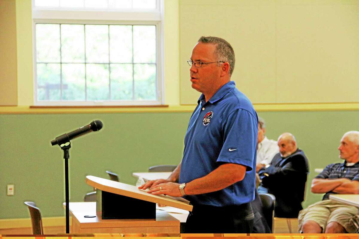 Chris Hall, commissioner of the Futures Collegiate Baseball League of New England (FCBL), the league of the Torrington Titans, speaks during a public hearing on Monday, Aug. 19, to garner public input for the potential sale of beer at Fuessenich Park.