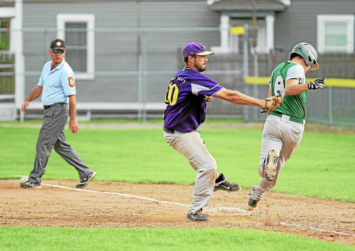 Tri-Town’s first baseman Joe Bunnel tags Bristol’s Jimmy Hahn for the out.