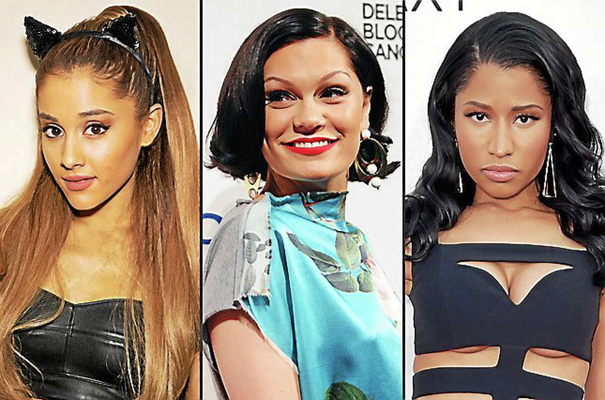 This combo made from file photos shows, from left, Ariana Grande, Jessie J, and Nicki Minaj. The trio will kick off Sunday’s MTV Video Music Awards with their new song “Bang Bang.”
