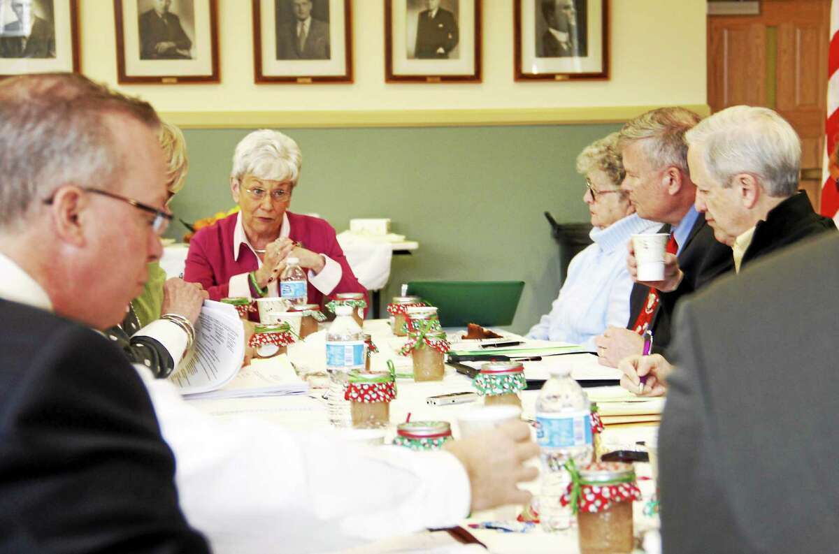 Lt. Gov. Nancy Wyman (center) talks during the Litchfield Hills Council of Elected Officials meeting on Friday at Torrington City Hall. Wyman briefed the local elected officials about the state’s local efforts in helping with funding and improving education.