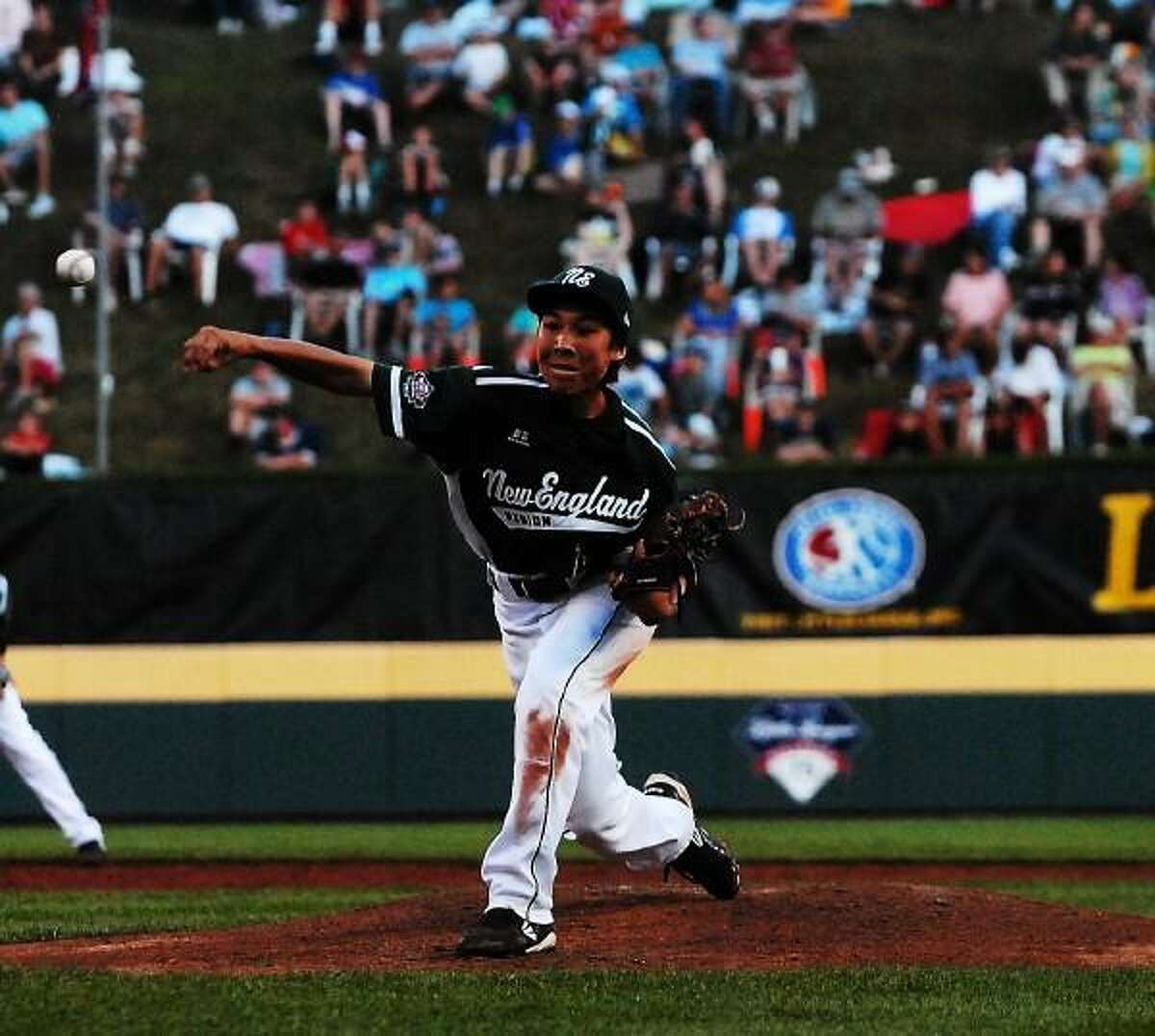 Mary Albl-New Haven Register Westport's Chad Knight throws in Thursday night's opening Little League World Series against South Nashville, Tenn. at Lamade Stadium. Knight finished with eight strikeouts.