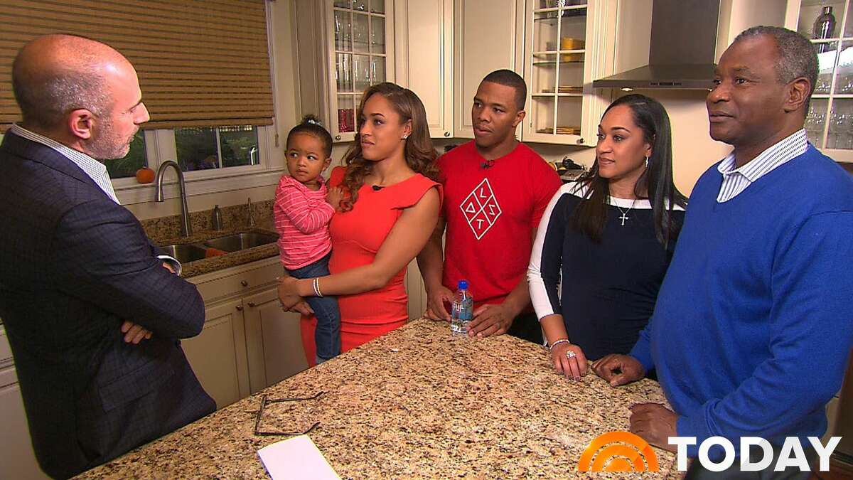 In this image from video provided by The Today Show, host Matt Lauer, left, interviews Janay Rice, holding daughter Rayven, and Ray Rice. Joining them are Janay’s parents, Candy and Joe Palmer, right. Janay Rice says NFL Commissioner Roger Goodell wasn’t being honest when he said Ray Rice was “ambiguous” about hitting her in a casino elevator.