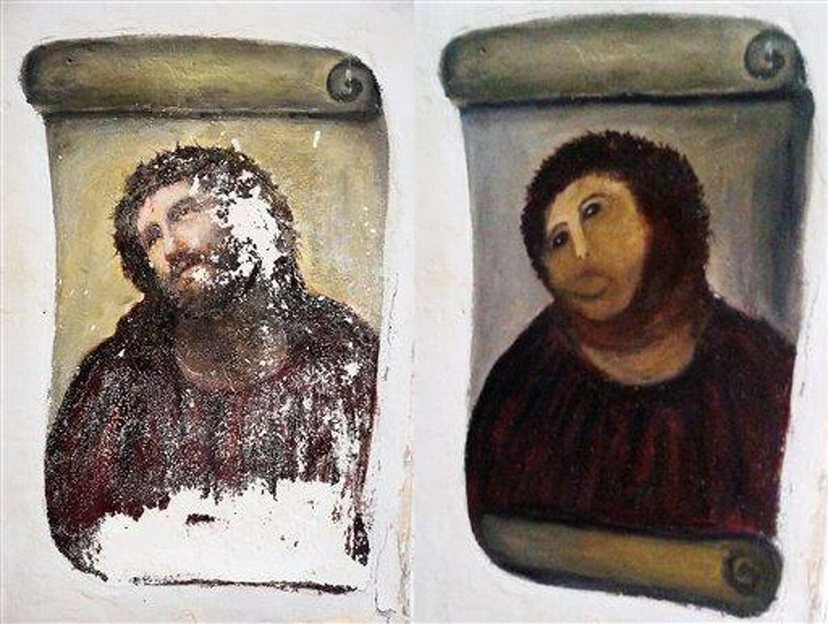 FILE - In this combination of two undated handout photos made available by the Centro de Estudios Borjanos, the 20th century Ecce Homo-style fresco of Christ , left and the 'restored' version, at right. A year ago, a botched restoration of a fresco of Christ by an 80-year-old Spanish pensioner drew mocking laughter. Now, the artist Cecilia Gimenez has the last laugh. Officials in Borja, a town of 5,000 people in northeastern Spain, said Tuesday Aug.13. 2013, the fresco has drawn more than 40,000 visitors and raised more than euro 50,000 ($66,285) for a local charity. Next week, Gimenez and the local council which owns the sanctuary are to sign a deal sharing the profits from merchandising that features the image. (AP Photo/Centro de Estudios Borjanos, File)
