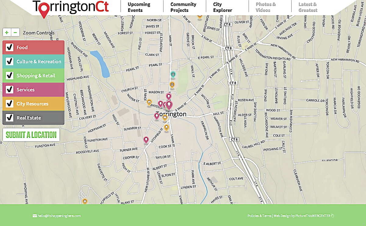 A screenshot of the City Explorer map, which lets local businesses, points of interests or services list their locations with the help of an interactive map that pinpoints exact locations in Torrington.