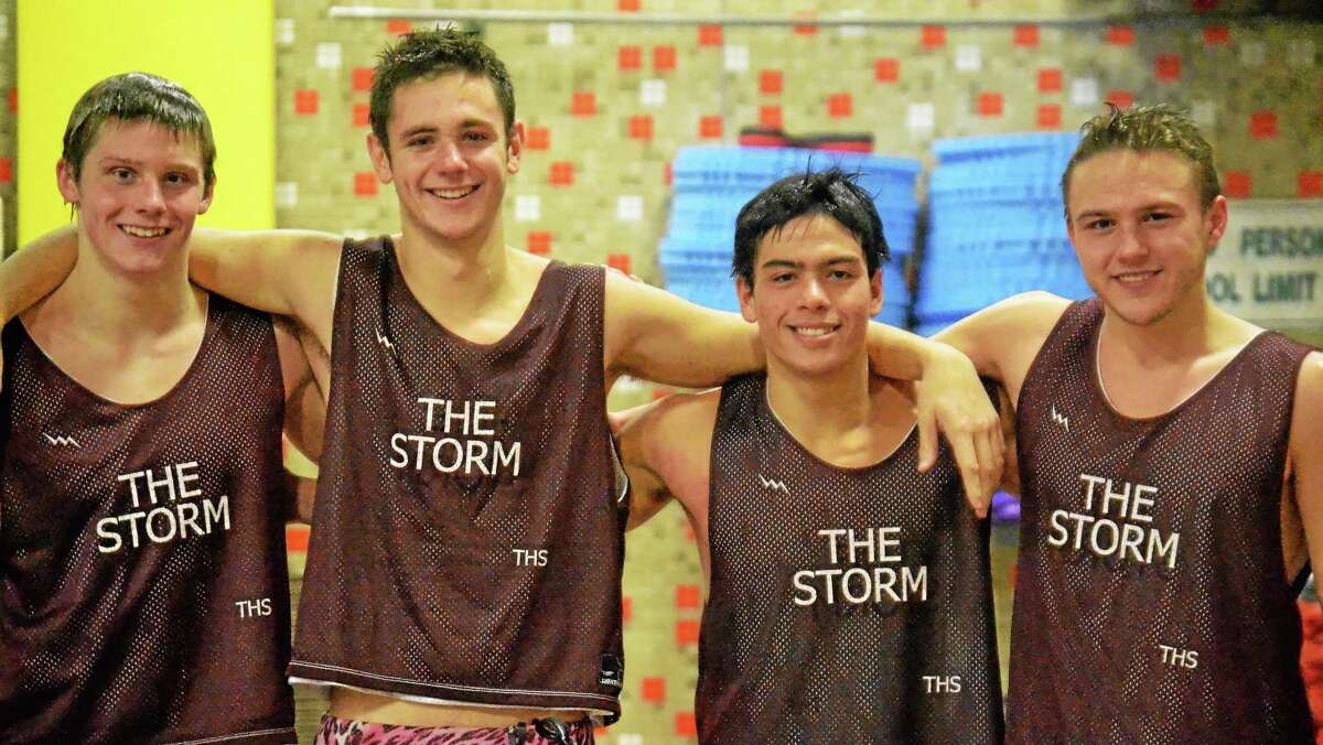 “The Storm” is the nickname for the Torrington Red Raiders 200 medley relay team. The members of “The Storm” from left to right, Matt Traub, Griffin Pelkey, Brad Nichols and Jack Wassik.