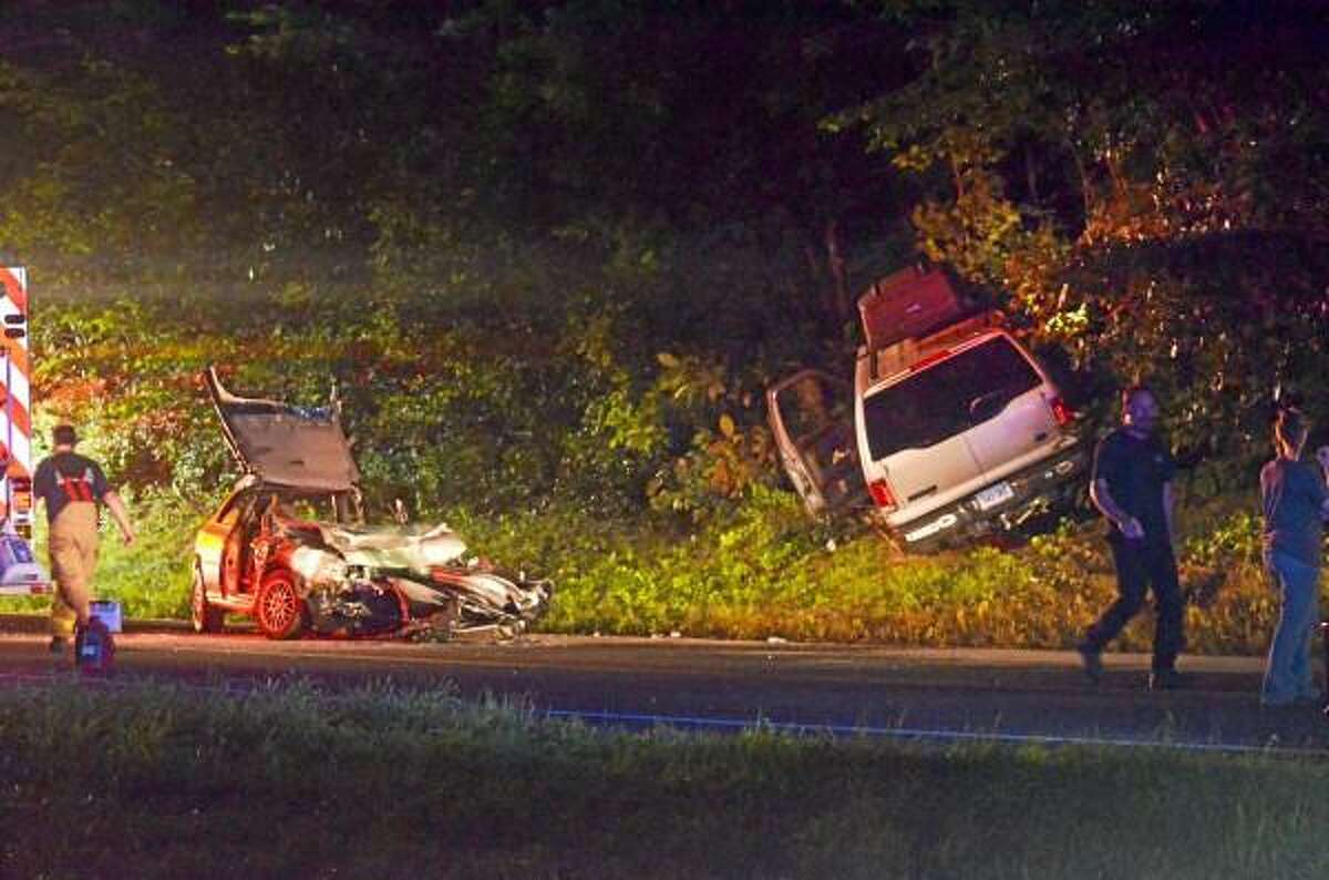 Two cars collided head-on Wednesday evening on route 44 in New Hartford. Both drivers were taken to area hospitals for what police on the scene described as non-life threatening injuries. Tom Cleary - Register Citizen