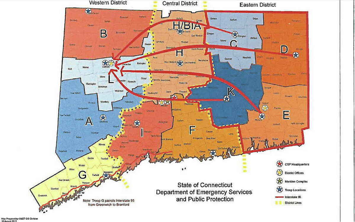 A map provided by the state police union shows where calls were routed from in Eastern Connecticut to Litchfield.