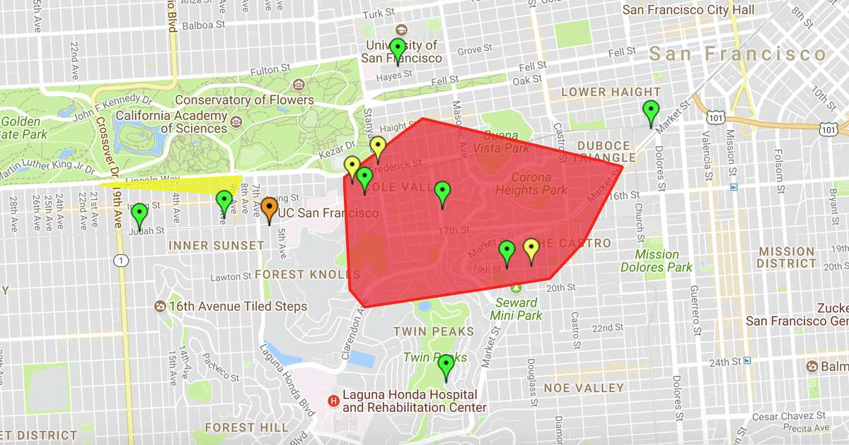 Areas affected by a blackout in San Francisco as of 5:10 PM Sunday, August 27, 2017.