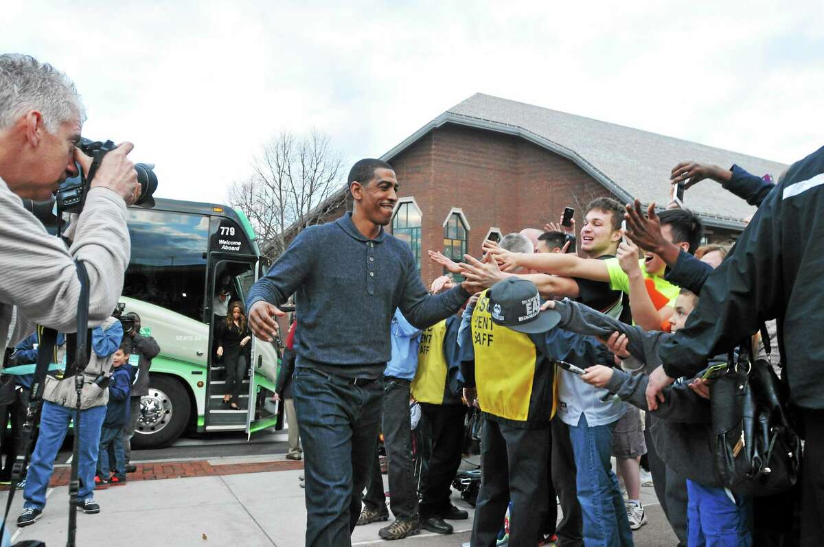 UConn coach Kevin Ollie is welcomed back to Storrs after the Huskies won their fourth national championship on Monday night over Kentucky in Arlington, Texas.