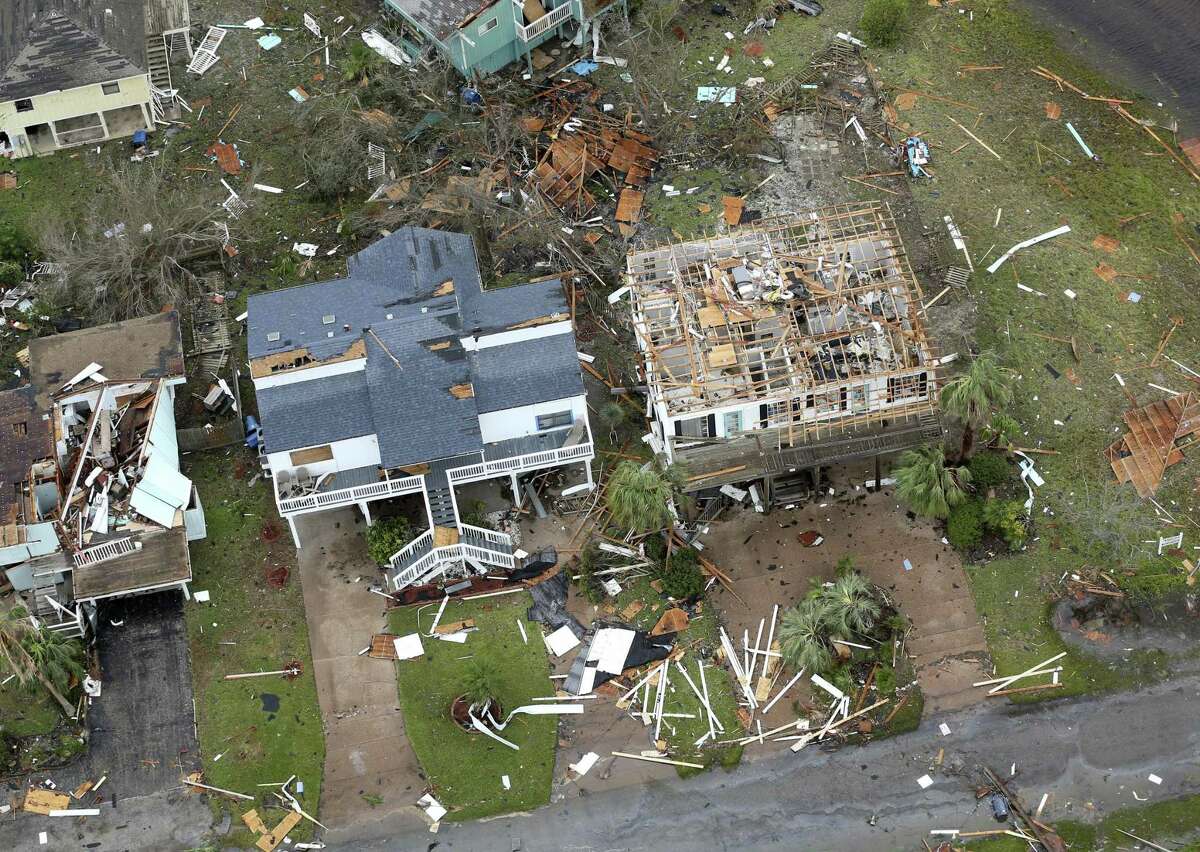 Storm-damaged Rockport, Texas homes are seen in this Sunday, Aug. 25, 2017 aerial photo. Hurricane Harvey made landfall late Friday night in Rockport as a Category 4 storm.